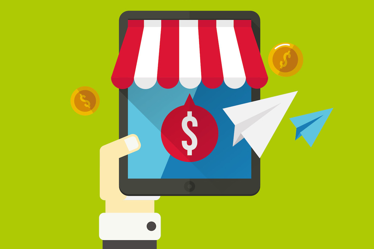 e-Commerce Marketing Bild einer Hand und eines e-Commerce Shops als Grafik dargestellt für grünem HIntergrund