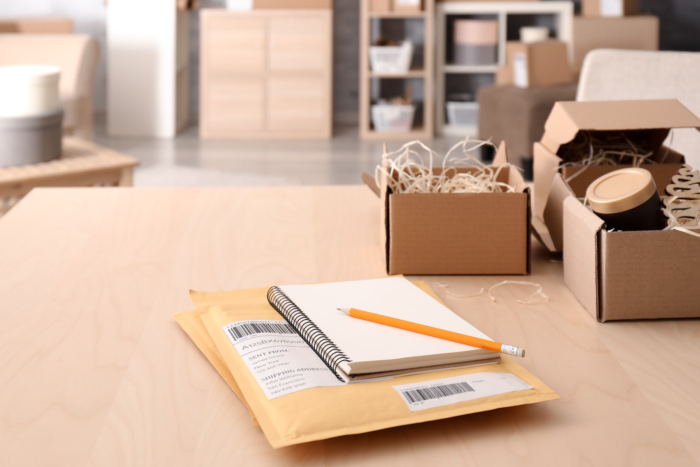 Verpackung Verpackung, Kisten und Pakete auf Schreibtisch in farbe